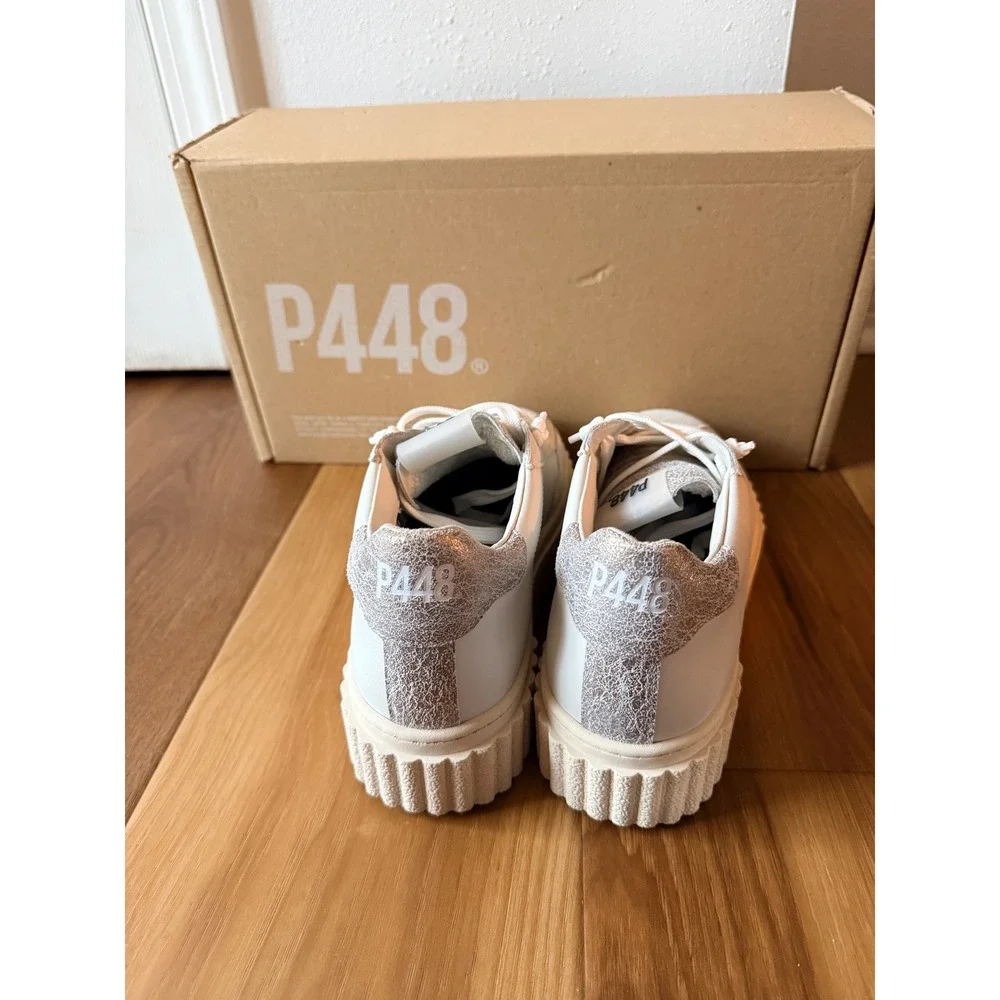 P448 Womens Creeper Platform Sneakers White Pluto Leather Glitter Size 8/ 38‎